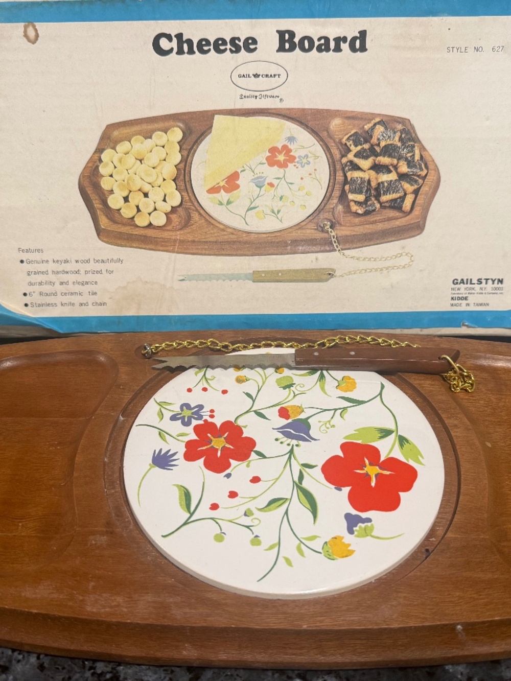 Vintage Cheese Board with Floral Tile + Knife - Gail Craft 1970s in Original Box